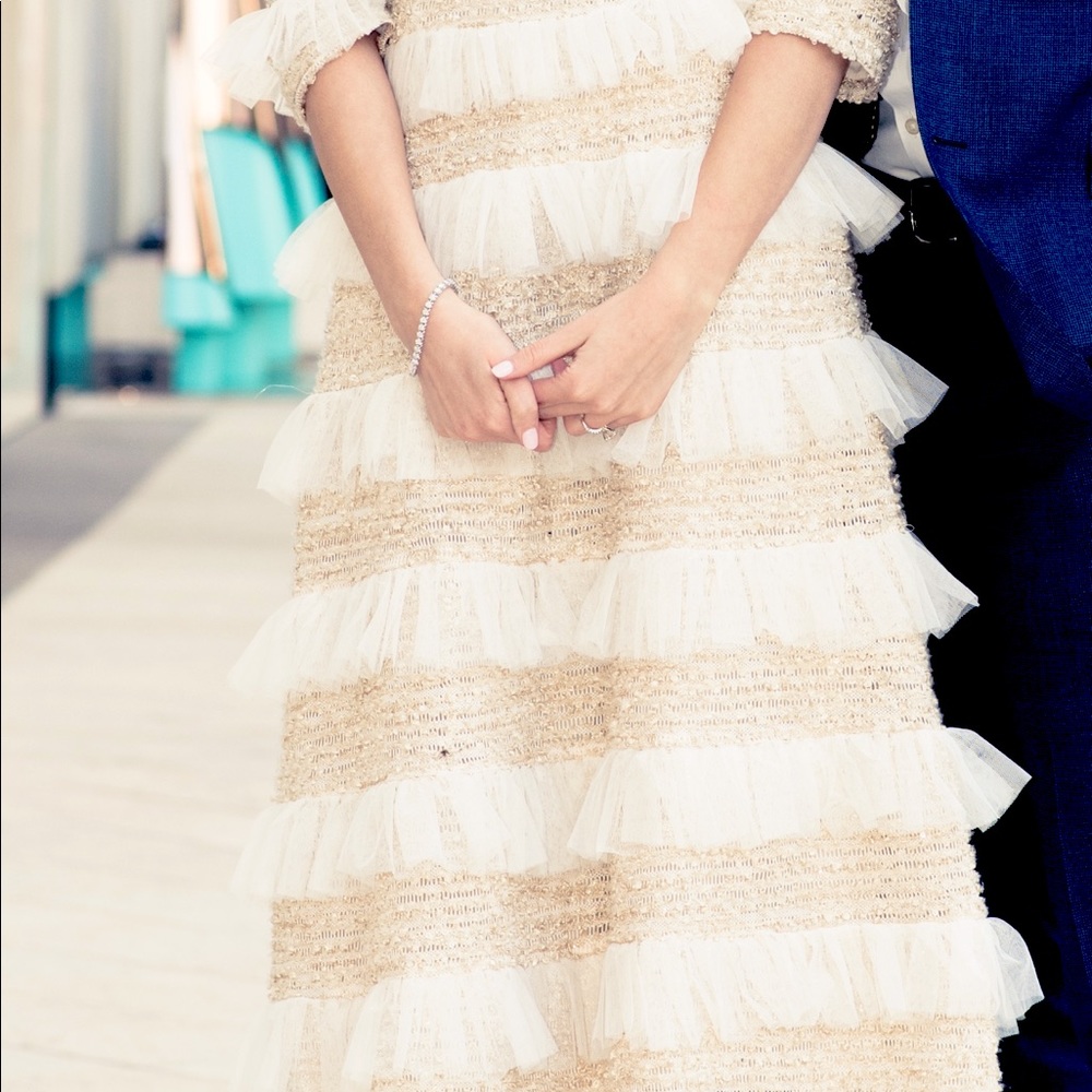 Unique and elegant golden tweed & tulle dress